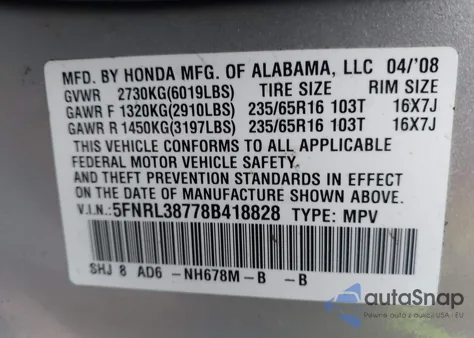 2008 Honda Odyssey Ex-L from USA, damaged, VIN 5FNRL38778B418828